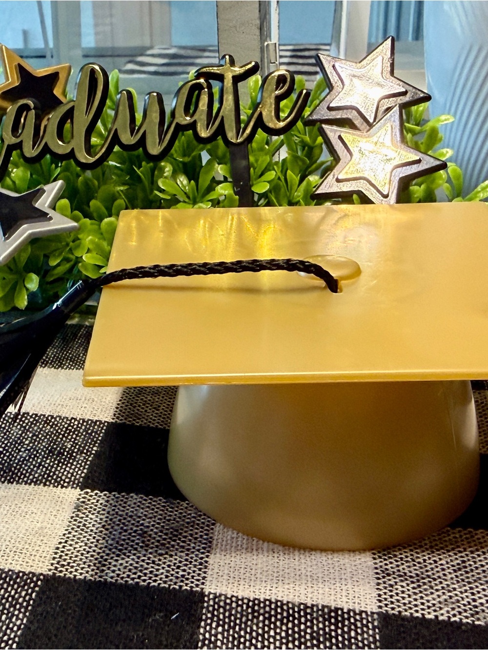 Gold Graduation Cap Decor with Black Tassel cake topper set